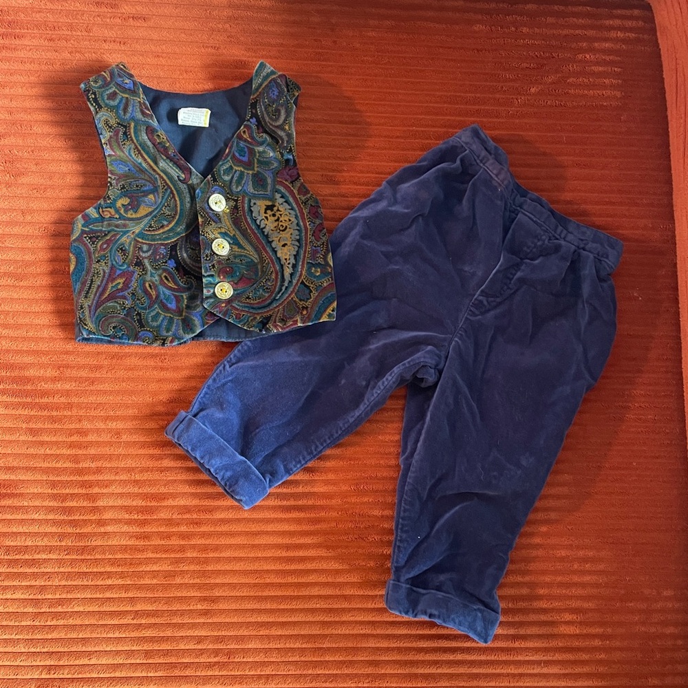 Vintage Velvet Paisley Vest and Blue Pants Set 100% Cotton
